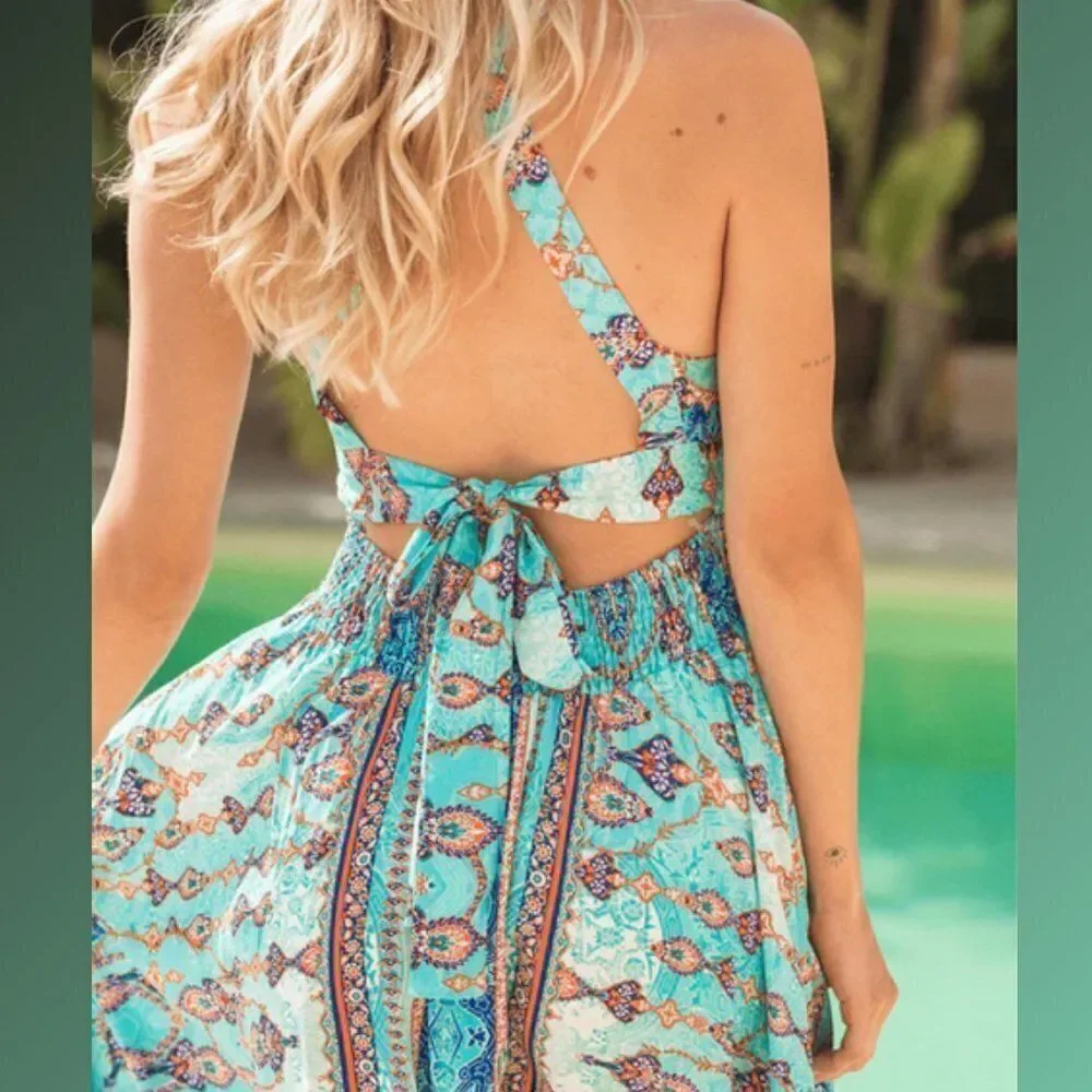 JAASE Endless Summer Floral Halter Maxi Dress Boho Wedding Side Slit Feminine M